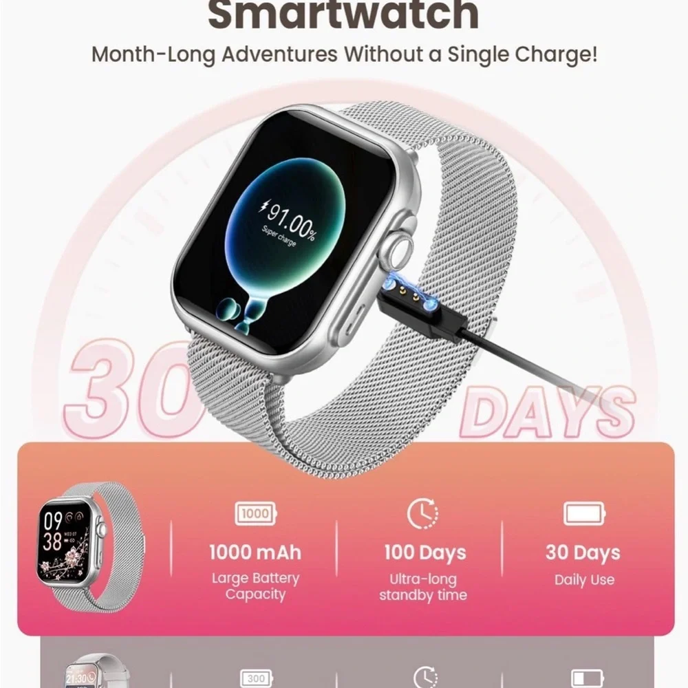 NWT Banlvs Smartwatch for Women,Calls,Monitors,Fitness,Sleep,Silver &Beige Bands